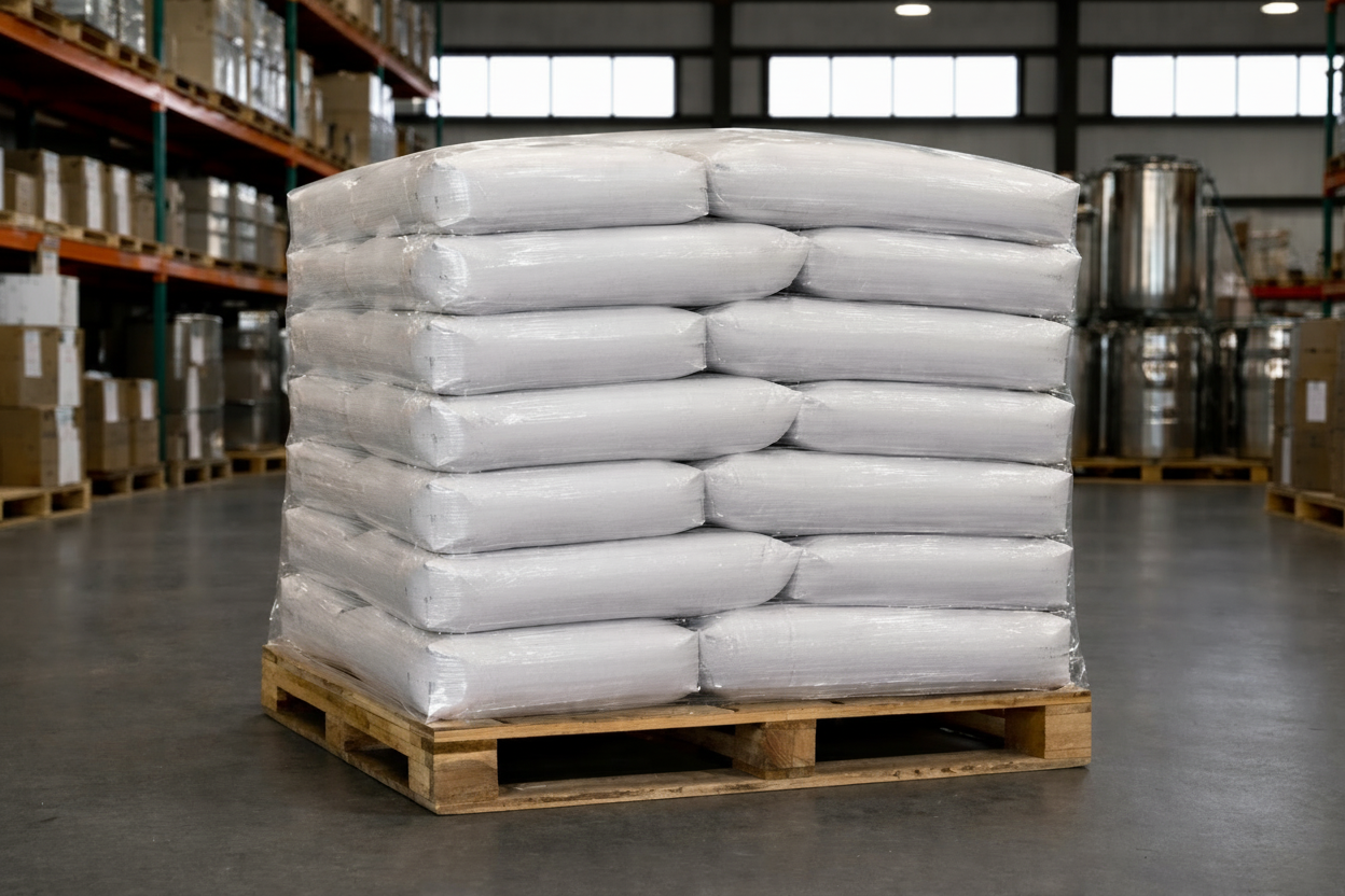 Stack of white bags on a pallet in a warehouse setting